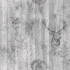 an old wooden wall with deer heads and plants on the bottom right hand side, in grey tones