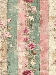 an old wallpaper with pink roses and green stripes