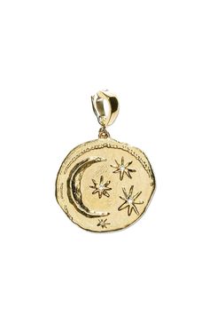 AZLEE JEWELRYFINE JEWELPENDANT YELLOW GOLD Small Bare Cosmic Diamond Charm Celestial 14k Gold Coin Pendant Jewelry, Gold Moon-shaped Engraved Jewelry, Gold Engraved Moon-shaped Jewelry, Yellow Gold Moon-shaped Charm Jewelry, Celestial Yellow Gold Jewelry With Star Charm, Gold Plated Medallion Jewelry With Moon Charm, Yellow Gold Brass Jewelry With Star Charm, Yellow Gold Moon-shaped Jewelry With Charms, Gold Moon-shaped Celestial Jewelry