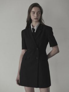 The slim fit jacket dress that made of lightweight spring fabric. Featuring the double-breasted closure with black-silver toned buttons, and its slim silhouette and mini length. We recommend style with shirts or scarf to create unique school look. - Notched lapel collar and half-sleeved design- Double-breasted closure- Black-silver buttons detail- Flap pockets and seam line detail at front- Slim and fitted silhouette, mini length- Lightweight polyester fabric for spring- Renewed slim fit version of previous 'Jenn Suit Jacket Dress' Black Dress Jacket, School Look, Suit Jacket Dress, Slim Fit Jackets, School Looks, Spring Fabric, Silver Buttons, Girly Stuff, Fitted Silhouette