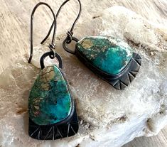 Amazing New Mexico handcrafted earrings, purchased in the northern part of the state from an artisan with a beautiful eye for stones. Sterling has oxidized to that rich old charcoal hue--polish or leave as-is. Handmade ear wires, too! Nice weight, substantial stones. Please see photos. Arrives in a pretty gift box.  Not returnable. Artisan Patina Earrings As A Gift, Artisan Earrings With Patina As Gift, Artisan Earrings With Patina For Gifts, Rustic Turquoise Jewelry With Patina, Green Artisan Jewelry With Oxidized Finish, Green Oxidized Artisan Jewelry, Artisan Green Jewelry With Oxidized Finish, Artisan Drop Earrings With Patina, Rustic Turquoise Earrings For Gift