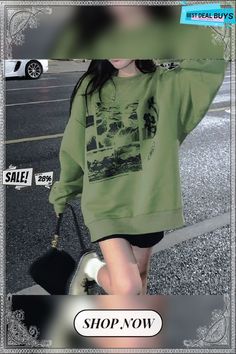 Korean Style Print Green Hoodie Women Oversize Sweatshirt Female Harajuku Fashion Long Sleeve Pullover O-neck Tracksuit Oversized Graphic Print Hoodie Sweater, Oversized Harajuku Sweatshirt For Winter, Oversized Harajuku Style Winter Sweatshirt, Oversized Harajuku Sweatshirt For Fall, Oversized Long Sleeve Graphic Sweater, Oversized Crew Neck Casual Sweater, Oversized Casual Crew Neck Sweater, Oversized Winter Leisure Sweatshirt, Oversized Harajuku Sweatshirt With Letter Print