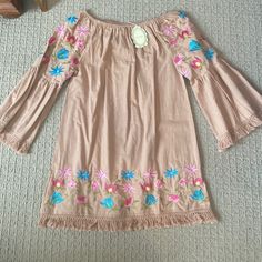 Velzera Boho Embroidered Dress, Mocha Color, Size Medium, Fringe, Bell Sleeves Nwt, Beautiful Colors Embroidery On Sleeves And On Dress. Boho Embroidered Dress, Embroidery On Sleeves, Boho Tunic Dress, Embroidered Dress Boho, Bell Sleeve Shift Dress, Embroidered Tunic Dress, Mocha Color, Flare Long Sleeve, Embroidered Midi Dress