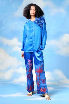 Blue shirt with flower applique embroidery in cutdana, sequin, zari and crystal work. - Aza Fashions Electric Blue Pants, Genelia D'souza, Sanya Malhotra, Embroidered Pants, Jacqueline Fernandez, Satin Color, Blue Pants, Flower Applique, Blue Shirt