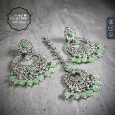 Mint Green earrings tikka set Green Dangle Chandbalis For Festivals, Elegant Green Kundan Chandbalis, Green Danglers For Festival Celebrations, Green Danglers For Festivals And Celebrations, Green Danglers For Celebrations And Festivals, Green Danglers For Celebration At Festivals, Green Stone Work Chandbalis For Celebration, Green Chandbali Tikka For Festive Occasions, Festive Green Chandbalis Dangle