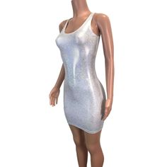 Silver holographic bodycon dress. The fabric is high-quality hologram shimmery silver on white spandex - stretchy enough to fit you and thick enough to offer a flattering bodycon fit. Metallic Shiny Bodycon Dress, Metallic Shimmer Bodycon Dress, Summer Silver Bodycon Club Dress, Iridescent Fitted Mini Dress, Silver Bodycon Dress For Summer Club, Iridescent Fitted Mini Dress For Party, Silver Stretch Dress For Club, Metallic Shiny Bodycon Dress For Party Season, Silver Sleeveless Bodycon Dress