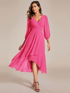 Step into the spotlight at your next wedding as a distinguished guest with this long sleeves asymmetrical hem A-line midi dress. The elegant A-line silhouette flatters every body type, while the asymmetrical hemline adds a contemporary twist. The long sleeves provide a touch of modesty, making it perfect for any wedding setting. Whether it's a garden ceremony or a romantic evening reception, this dress will ensure you are the epitome of sophistication and style. Midi Wedding Guest Dress, Evening Reception, Semi Formal Wedding, Garden Ceremony, Ever Pretty, Affordable Dresses, Romantic Evening, Women Wedding Guest Dresses, Asymmetrical Hem