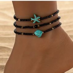 Very Pretty Black Tiny Beads With Gold In Between. Turquoise Stone And Starfish Ankle Bracelet New In Package Ankle Bracelet Ideas, Beaded Beach Necklaces, Black Beaded Bracelets For The Beach, Black Adjustable Anklets For Beach, Black Adjustable Anklets For The Beach, Adjustable Black Anklets For Beach, Casual Black Anklets For Summer, Casual Black Summer Anklets, Black Bohemian Anklets With Black Beads