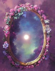 an oval mirror with pink flowers around it on a purple and blue background that looks like the night sky