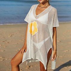 Women Casual Bikini Swimsuit Cover-Up Blouses Beach Tunic Dress One Size K529 Acrylic + cotton blend Imported Hand Wash Only The fabric has some stretch Feature: long sleeve, hollow out, crochet cover up, cover ups for swimwear women Regular fit, swim cover-ups for women, crochet cover-ups for swimwear women, swimsuit cover-up Occasions: suitable for swimwear, beach, swimming pool, summer party, and vacation Please refer to the last image for the size chart (The size chart is clothes size, NOT h White Summer Swimming Cover-up, Stretch V-neck Swim Dress For Vacation, Summer V-neck Swimming Cover-up, Fitted V-neck Beach Cover-up, Casual White Swimwear For Beach Cover-up, V-neck Cover-up For Sunbathing, Summer V-neck Cover-up For Swimming, White Spring Cover-up For Swimming, White Spring Swimming Cover-up