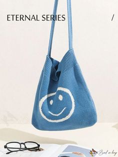 BirdinBag - Stylish Crochet Vacation Bag with Trendy Expression Pattern Trendy Knitted Bags For Daily Use, Trendy Knitted Tote Bag, Trendy Knitted Travel Bags, Casual Everyday Knitted Bags, Pouch Crochet Bag For Errands, Trendy Knitted Tote Shoulder Bag, Everyday Knitted Rectangular Bag, Trendy Knitted Shoulder Bag, Trendy Large Capacity Blue Crochet Bag