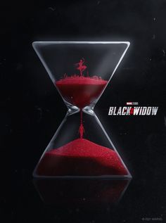 an hourglass with red sand in it and the words black widow written on top