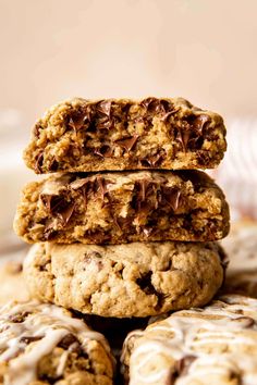 chocolate chip cookies stacked on top of each other