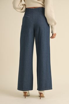 Discover effortless style with our new high-waist denim wide-leg pants. Featuring front pleats and button detailing, these pants offer a flattering silhouette and timeless appeal. Perfect for elevating your everyday look with a touch of classic sophistication. Sizing: Sm 2/4, Med 6/8, Lg 10 100% Rayon White Maxi, Denim Trousers, Wide Leg Denim, Romper Pants, High Waisted Denim, Denim Shop, Everyday Look, Effortless Style, Casual Tops