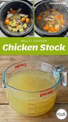 two pictures showing how to make chicken stock in the pressure cooker