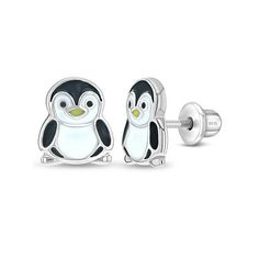 The sweetest pair of enamel penguin screw back earrings that will fill her days with joy. Adorably decorated with vibrant enamel colors to show off the cute details of this small penguin. Includes a safety screw back locking that allows the earrings to remain safely and firmly in place. Gift Box included with purchase. Size: one size.  Color: Black.  Gender: female.  Age Group: kids. Small Penguin, Kids Earrings, Beautiful Gift Wrapping, Consumer Products, Girls Earrings, Screw Back Earrings, Smile Face, Metal Jewelry, Precious Metals