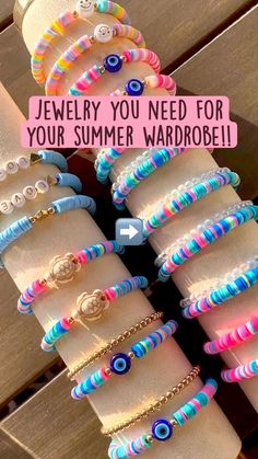 bracelets are stacked on top of each other with the words jewelry you need for your summer wardrobe