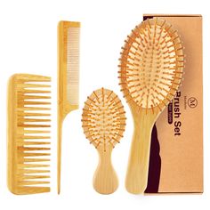 PRICES MAY VARY. 🌷Package Include: Includes 1 medium air cushion brush, 1 mini air cushion brush, 1 wide-tooth comb, 1 pointed tail comb. They are varied for different hair and scalp types to use. 🌷2 Sizes Paddle Brushes: Both paddle brushes feature a soft cushion with an air hole, which offers a massage-like brushing experience, and polished round bristles, which are gentle and comfortable on the scalp. With natural bamboo bristles, help to condition your hair naturally, distribute your hair’ Fine Hair Men, Bamboo Hair Brush, Clean Hairbrush, Tail Comb, Wooden Brush, Paddle Brush, Comb Set, Thick Curly Hair, Wide Tooth Comb