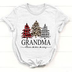 a t - shirt with the words grandma and three christmas trees on it in leopard print