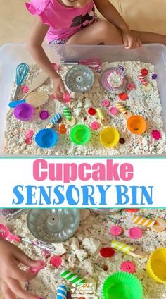 Cupcake Sensory Bin - Happy Toddler Playtime Celebration Sensory Bin, Bead Sensory Bin, Muffin Sensory Bin, Bread Study Sensory Table, Sensory Bin With Oats, Sand Sensory Bin Ideas, Sensory Table Kindergarten, Birthday Cake Sensory Bin, Pancake Sensory Bin