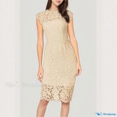 Orcajump - Elegant Cocktail Party Dress with Sleeveless Floral Lace, Round Neckline, and Knee-Length - Perfect for Parties Elegant Non-stretch Sheath Dress, Non-stretch Elegant Sheath Dress, Beige Fitted Sleeveless Midi Dress, Elegant Sleeveless Lace Dress For Spring, Elegant Beige Sleeveless Party Dress, Elegant Beige Sleeveless Dress For Party, Beige Sleeveless Cocktail Dress, Beige Sleeveless Lace Dress For Evening, Beige Stretch Sheath Dress