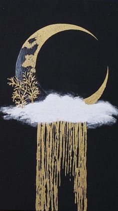 the painting is made up of gold and white icing on a black background with a half moon in the sky