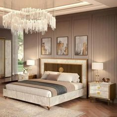 a bedroom with a large bed and chandelier hanging from the ceiling