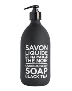 a black soap dispenser with the words savon, liquide de marseille and the noir written on it