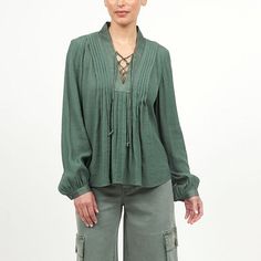 La Joie Micro Crepe Lace-Up Pleated Blouse   Soft pleats lend graceful movement to this lace-up V-neck blouse made from a lightly textured crepe fabric that feels very soft and drapes beautifully. From workday to weekend, you'll love the comfy chic style of this must-have design. Fabric Drape, Duck Green, Graceful Movement, Comfy Chic, Pleated Blouse, Peasant Style, Casual Tops For Women, Draped Fabric, Chiffon Blouse