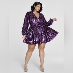 Plus Size The Glow Up Sequin Flare Dress Patrick Starrr Fashion To Figure Purple Plus Size Homecoming Dresses, Tulle Dress Short, Purple Sequin Dress, Patrick Starrr, Plus Size Wedding Guest Dresses, Figure Dress, The Glow Up, Look Plus Size, Plus Size Cocktail Dresses