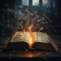 an open book with keys floating out of it