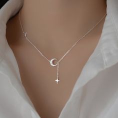 Dainty Necklace. Sterling Silver Moon And Star Silver Necklaces Star, Moon Silver Necklace, Jewellery Silver Aesthetic, Silver Moon Jewelry, Eclipse Aesthetic, Dragon Goddess, Moon Minimalist, Heart Stone Necklace, Silver Moon Necklace