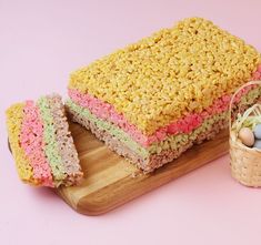 there is a cake made to look like rice krispy treats and an easter basket