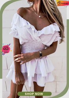 Elastic Ruffles V Neck Mini Dress Summer V-neck Dress With Ruffled Skirt, Flirty V-neck Ruffle Dress For Summer, Flowy Ruffled Skirt Mini Dress For Vacation, Chic Ruffled Mini Dress For Summer, Feminine Off-shoulder Dress With Ruffled Skirt, Chic Summer Mini Dress With Ruffles, Off-shoulder Dress With Ruffle Hem For Summer, Summer Chiffon Mini Dress With Ruffles, Feminine Pleated Mini Dress For Day Out