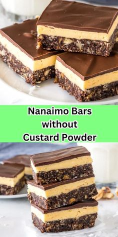 three different types of desserts stacked on top of each other with the words nannino bars without custard powder