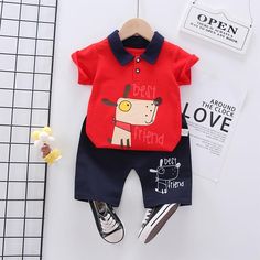 Toddler Boy Dog T-shirt & Shorts Wholesale Children's Clothing - PrettyKid Red Cotton Sets, Red Cartoon Print Tops For Playwear, Red T-shirt For Summer Playwear, Red Casual Playtime Sets, Red Cartoon Print Sets For Playtime, Red Cotton Sets With Cartoon Print, Red Playwear Sets For Summer, Red Summer Playwear T-shirt, Cute Red Playwear Sets