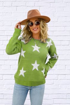 Elevate Your Fall Wardrobe with the Star Round Neck Dropped Shoulder Sweater! Shine bright this fall with our Star Round Neck Dropped Shoulder Sweater. Perfect for those cool, crisp days, this sweater combines comfort and style in one eye-catching design. The star pattern adds a fun and playful touch, while the round neck and dropped shoulder create a relaxed, casual fit. Crafted from cozy material, this sweater is ideal for layering or wearing on its own. Key Features: Star Pattern: Adds a uniq Kimono Sweater, Star Sweater, Drop Shoulder Sweaters, Matcha Green, Round Neck Sweaters, Cozy Chic, Star Pattern, Dress Pant, Fall Sweaters