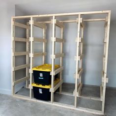 the shelves are being constructed and ready to be used as shelving units for storage