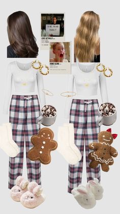 a woman in plaid pants and white top with gingerbread cookies, teddy bear boots and stockings