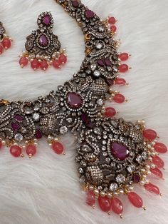 Victorian Mehndi Finish AD Polki Red Stone Pink Beads Long Statement Necklace with Matching Screwback EarringsColor : Victorian MehndiSize : Necklace Length : 24 Inches; Earring Length : 2 inches;Stones : AD Polki Red Stone Pink Beads Pearls Red Chandbali Jewelry With Dangling Beads, Red Kundan Necklace With Round Beads For Party, Red Jewelry Sets With Round Beads For Festivals, Red Beaded Temple Jewelry Sets, Traditional Wedding Beaded Necklaces With Stones, Festive Red Bridal Necklace With Round Beads, Red Kundan Jewelry With Round Beads, Red Chandbali Necklace With Intricate Design, Red Beaded Kundan Necklace For Wedding