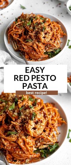 easy red pesto pasta recipe on a white plate with the title in the middle