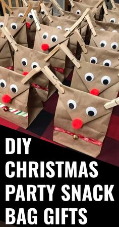 christmas party snack bags with reindeer noses on them and the words diy christmas party snack bags