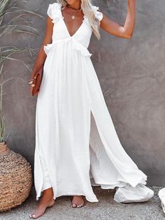 Solid V Neck Ruffle White Maxi Dress - Maxi Dresses - INS | Online Fashion Free Shipping Clothing Feminine Solid Color Dresses For Vacation, Solid Color Feminine Dress For Vacation, Chic Solid Color Beach Dress, Chic Solid Color Maxi Dress For Beach, Flowy Solid Color Maxi Dress For Day Out, Chic Solid Color Maxi Dress For Day Out, Solid Color Summer Maxi Dress For Day Out, Flowy Solid Color Maxi Dress For Brunch, Feminine Solid Color Maxi Dress For Day Out