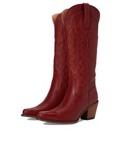 Western Style Red Leather Mid-calf Boots, Western Style Red Mid-calf Boots For Fall, Red Leather Snip Toe Mid-calf Boots, Red Western Mid-calf Boots For Winter, Red Boots For Rodeo In Winter, Western Style Red Mid-calf Boots With Pointed Toe, Red Heeled Boots For Rodeo In Fall, Western Style Red Fitted Heeled Boots, Red Fitted Western Heeled Boots