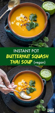 two bowls of butternut squash soup with cilantro garnish on the side