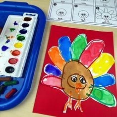 a child's drawing of a turkey next to a painting