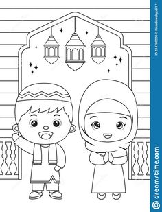 muslim boy and girl standing in front of the door to their home coloring page for children