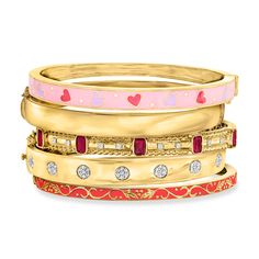 Ross-Simons - "Champs-Elysees Stack" of Five Bangle Bracelets Over Sterling. 8". An RS exclusive. Evoke luxurious romance with the warm, rosy hues of this "Champs-Elysees Stack" of five bangle bracelets. A charming homage to the City of Love itself, this 18kt yellow gold over sterling silver set includes: a pink and purple enamel heart bangle bracelet, a classic 18kt yellow gold over sterling silver bangle bracelet, a 1.50 ct. t. w. ruby and .15 ct. t. w. diamond bangle bracelet, a .33 ct. t. w. Luxury Valentine's Day Bangle Jewelry, Luxury Red Stackable Jewelry, Cute Jewelry Bracelets, Bangle Stack, Heart Bangle Bracelet, Diamond Bangle Bracelet, City Of Love, Silver Bangle Bracelet, Sterling Silver Bangle Bracelets