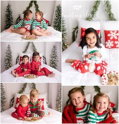 four pictures of two children sitting on a bed and one is holding a christmas present