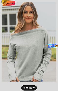 Gray Asymmetric Off-shoulder Long Sleeve Knit Top Long Sleeve Knit Top, Long Sleeve Knit Tops, Long Sleeve Knit, Knit Top, Off Shoulder, On Sale, Knitting, Grey, Long Sleeve